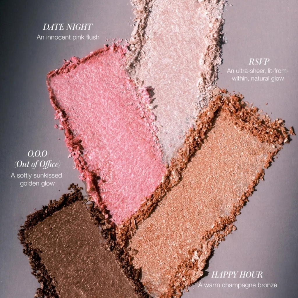 Four swatches labeled Date Night, RSFP, OOO (Out of Office), and Happy Hour on a gray background, showing pink, champagne, and bronze shades with descriptive text.