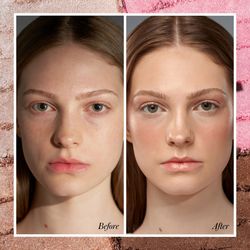 Before and after beauty comparison of a woman's face, showing natural skin texture on the left and smoother, more polished skin on the right, framed by a pink and brown textured border with 'Before' and 'After' labels.