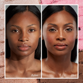 Before and after beauty comparison of a woman's face, showing natural skin texture on the left ('Before') and smoother, more radiant skin on the right ('After'), set against a pink textured background with a white border.